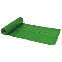 A roll of Abena Re-Seller GmbH trash bags 120 L, 700x1100 mm, 34 my LDPE in green (roll with 25 bags) is shown partially unrolled on a white background; the bags are new, unused, and feature visible recycling symbols.