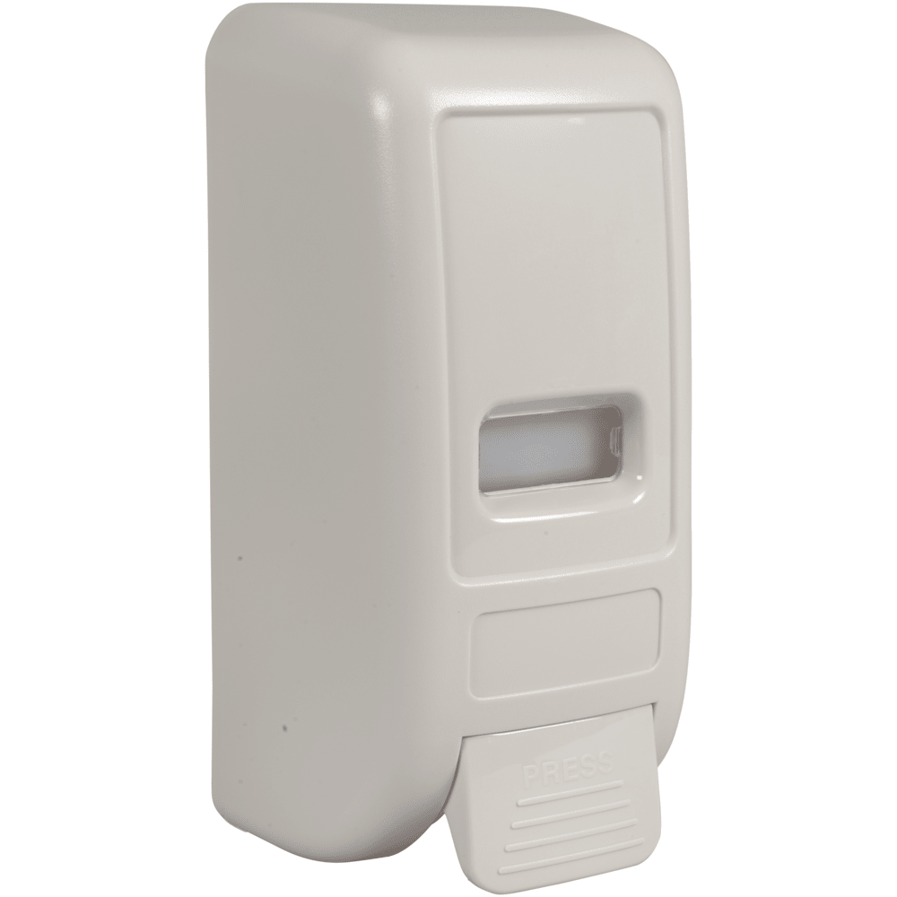 The Abena Re-Seller GmbH push button dispenser (1,000 ml, white) is a wall-mounted soap dispenser with a rectangular push lever labeled "PRESS" and a small viewing window for content control.
