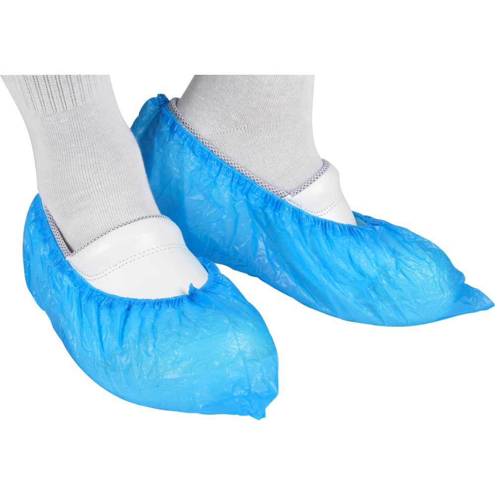 A person wearing white shoes and socks with blue clearance items: Thor overshoes (41x15 cm, PE, Abena Re-Seller GmbH) over the shoes is standing in front of a white background.