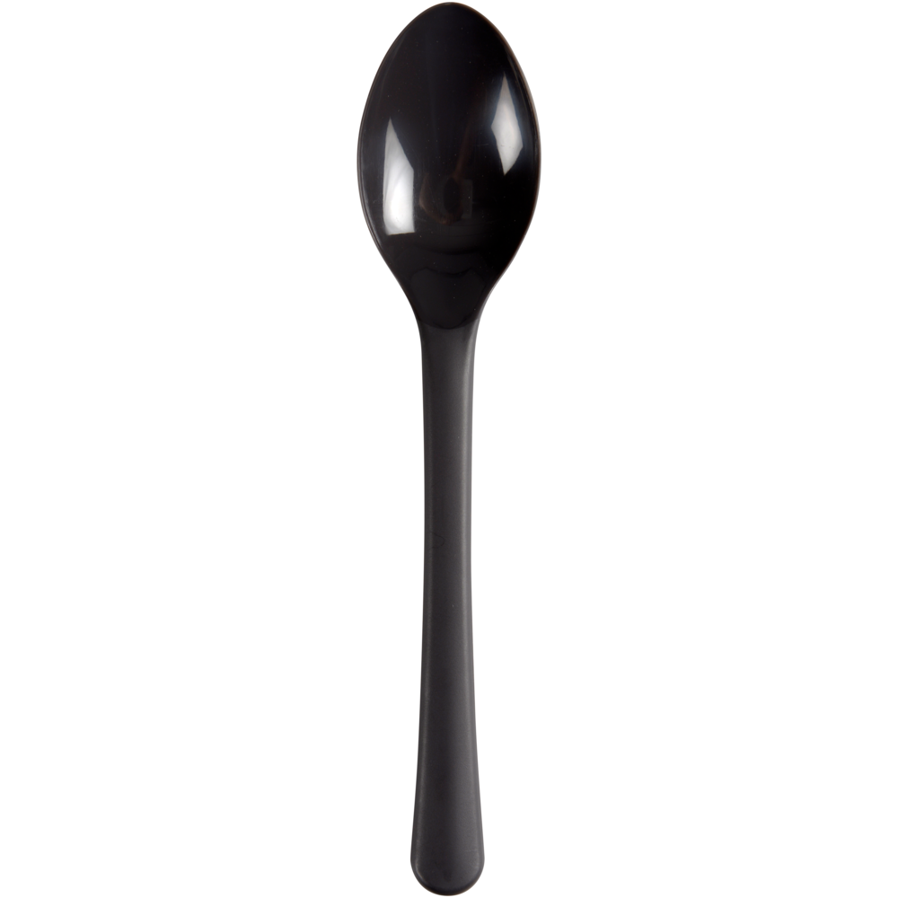 An environmentally friendly black reusable teaspoon (14 cm) made of polypropylene from Abena Re-Seller GmbH is seen vertically against a white background with the handle at the bottom and the spoon bowl at the top. Package: 100 pieces.