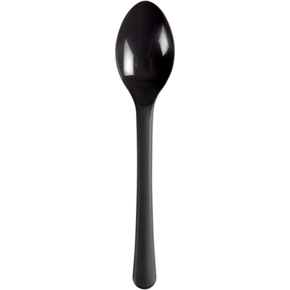 An environmentally friendly black reusable teaspoon (14 cm) made of polypropylene from Abena Re-Seller GmbH is seen vertically against a white background with the handle at the bottom and the spoon bowl at the top. Package: 100 pieces.