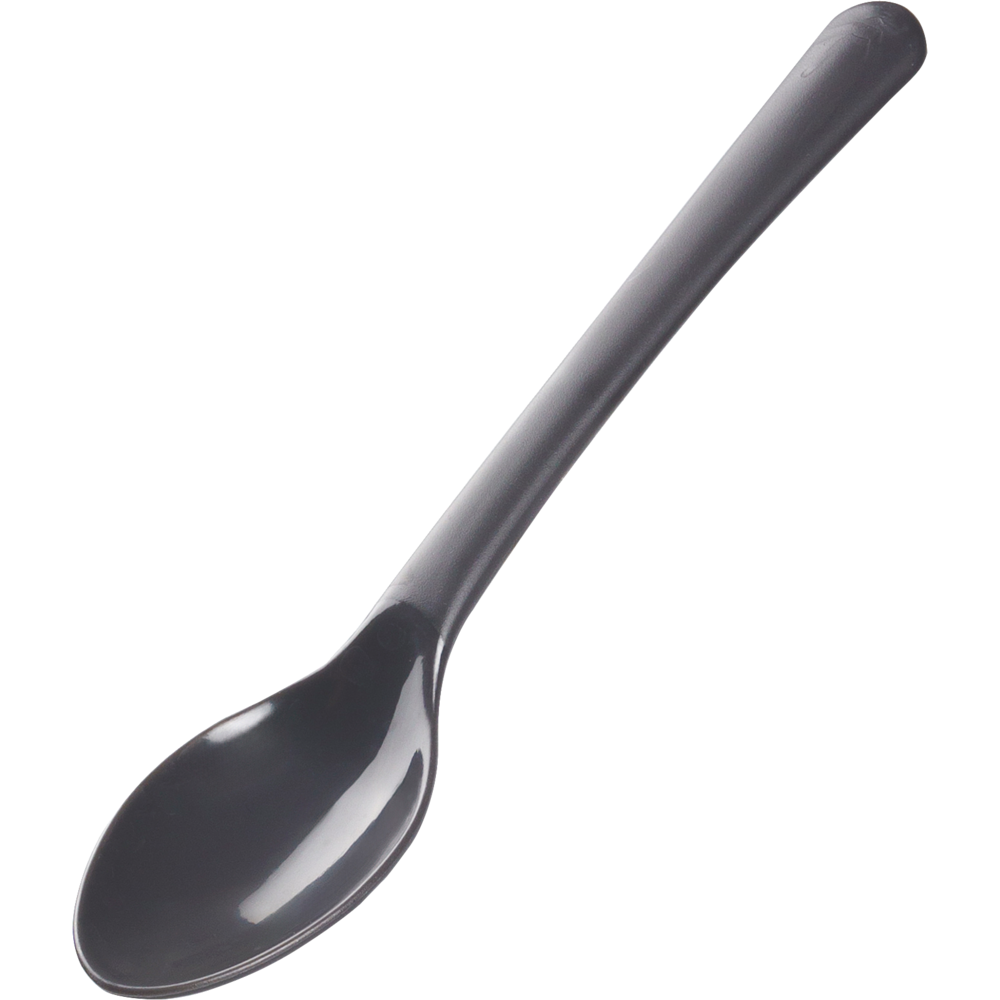 Ein einzelner 14 cm langer schwarzer Mehrweg-Teelöffel der Abena Re-Seller GmbH (PP, verkauft in Packungen mit 100 Paaren) ist auf weißem Hintergrund abgebildet, mit dem Henkel nach oben rechts und der Schale nach oben gerichtet.