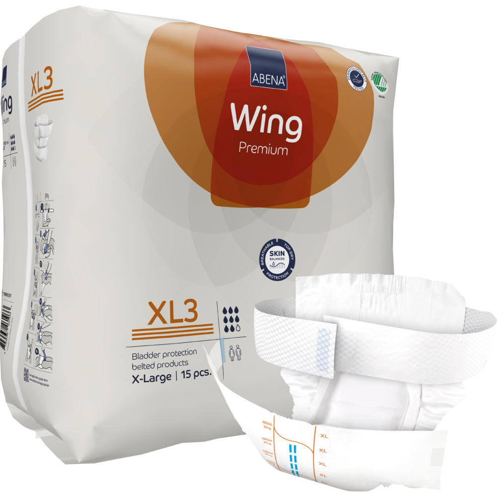 Abgebildet ist eine Packung ABENA Wing Premium der Abena Re-Seller GmbH, gekennzeichnet für Blasenschutz und Hautgesundheit, mit einer ungefalteten X-Large Windel im Vordergrund; die Packung enthält 15 Stück für Schutz und Komfort.