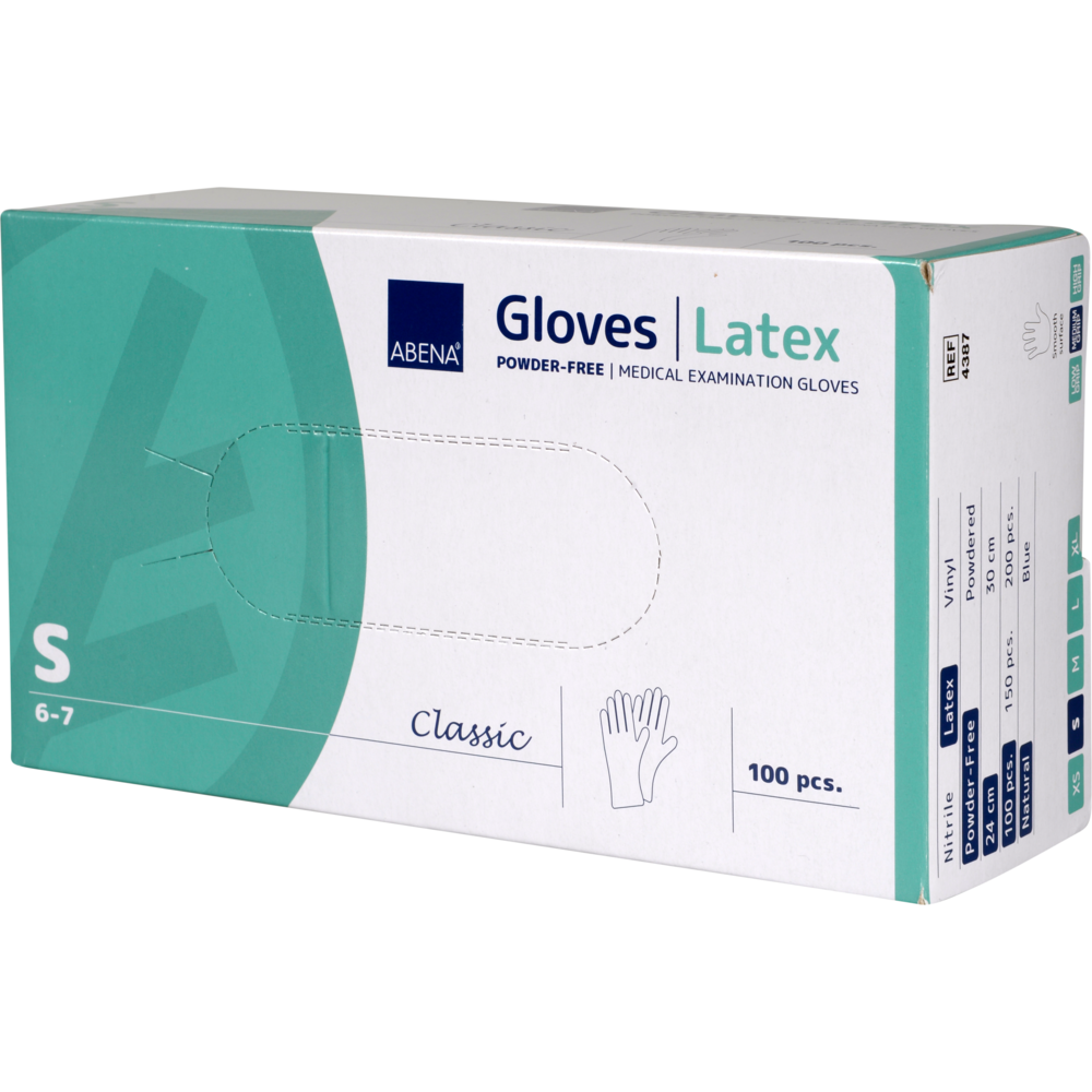 Eine Box Abena Re-Seller GmbH Latex-Handschuhe Classic, puderfrei, natur, Größe S - perfekt für medizinische Anwendungen. Enthält 100 Stück. Die meist weiß-türkise Box zeigt Produktdetails an den Seiten.