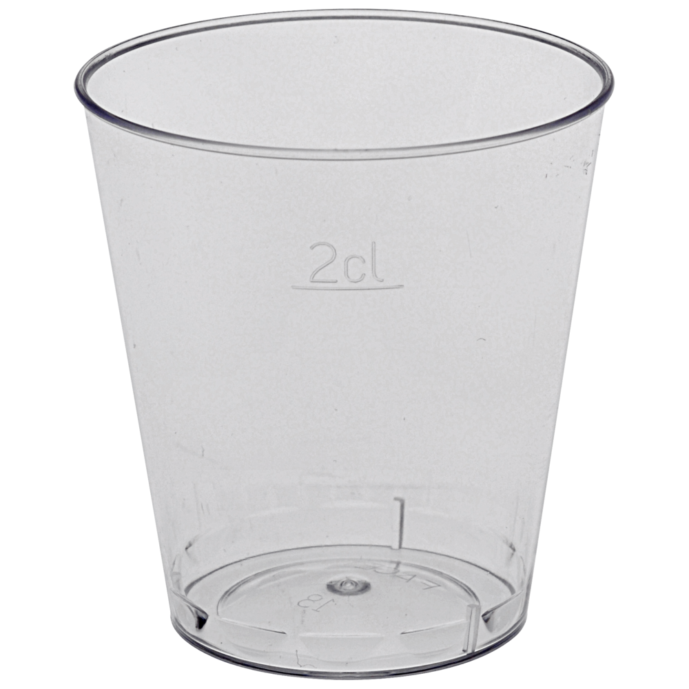 A transparent 2 cl shot glass from Abena Re-Seller GmbH, made of polystyrene (PS), stands upright and empty on a white background. Sold in packs of 50 pieces.