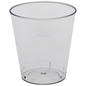 A transparent 2 cl shot glass from Abena Re-Seller GmbH, made of polystyrene (PS), stands upright and empty on a white background. Sold in packs of 50 pieces.