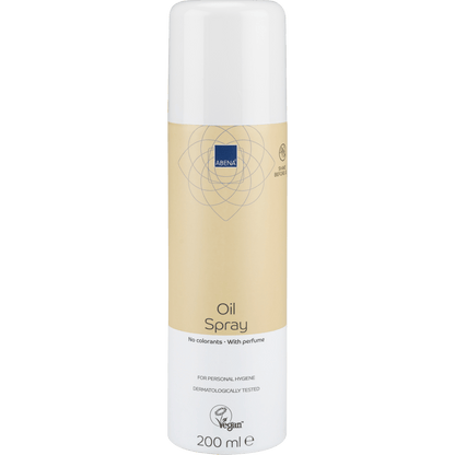A 200 ml cylindrical Abena Re-Seller GmbH oil spray, lightly perfumed, in a beige-white bottle with the labels "No dyes", "Lightly perfumed" and "Vegan", with a white cap. Sold as a carton (12 packs).