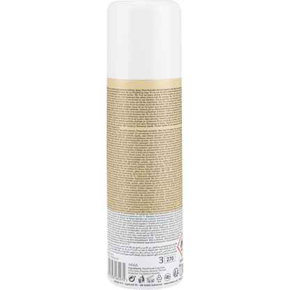 Oil spray, lightly perfumed (200 ml) by Abena Re-Seller GmbH, standing upright with a white cap and a detailed back label with instructions, warnings, and recycling information. Sold in cartons of 12 pieces.