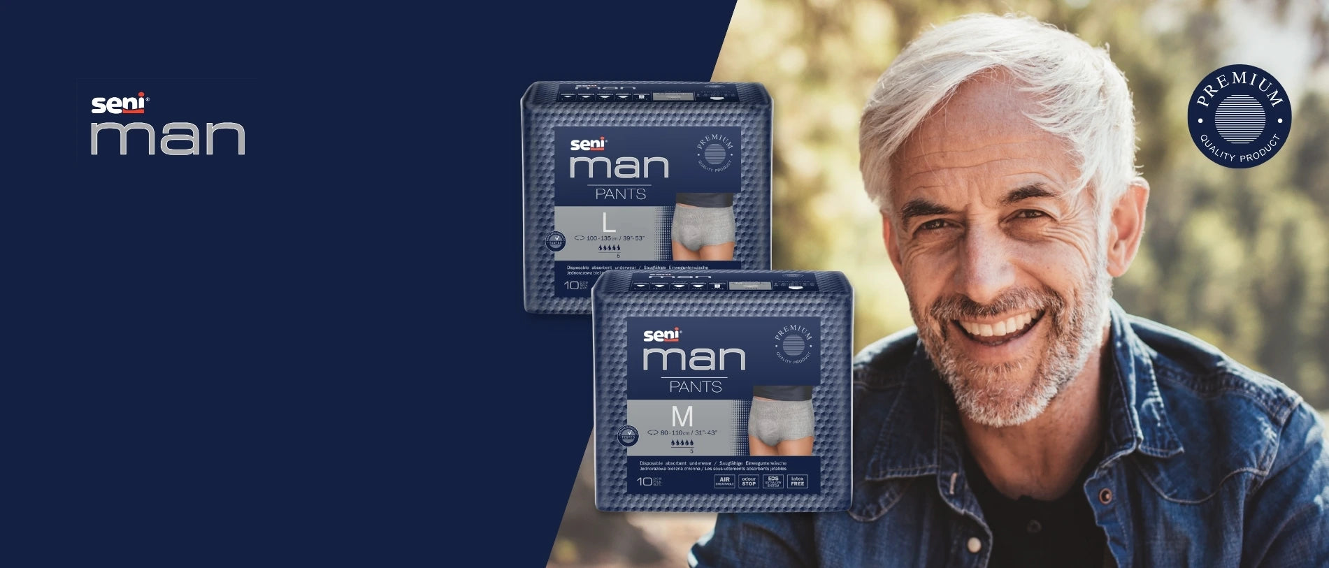 Zwei Packungen Seni Man Pants Inkontinenzunterwäsche stehen vor einem lächelnden älteren Mann mit weißem Haar. Links sind das Seni-Man-Logo, rechts ein Premium-Qualitätssiegel auf dunkelblauem Hintergrund zu sehen.