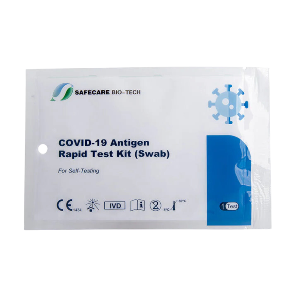 Pictured is a package labeled "Safecare LAIENTEST 1 COVID-19 Antigen Rapid Test Kit | Package (1 piece)" for self-testing. The white package with blue and green accents features symbols for CE, IVD, and storage temperature information. The Safecare SARS-CoV-2 antigen test cards also display a virus symbol graphic.