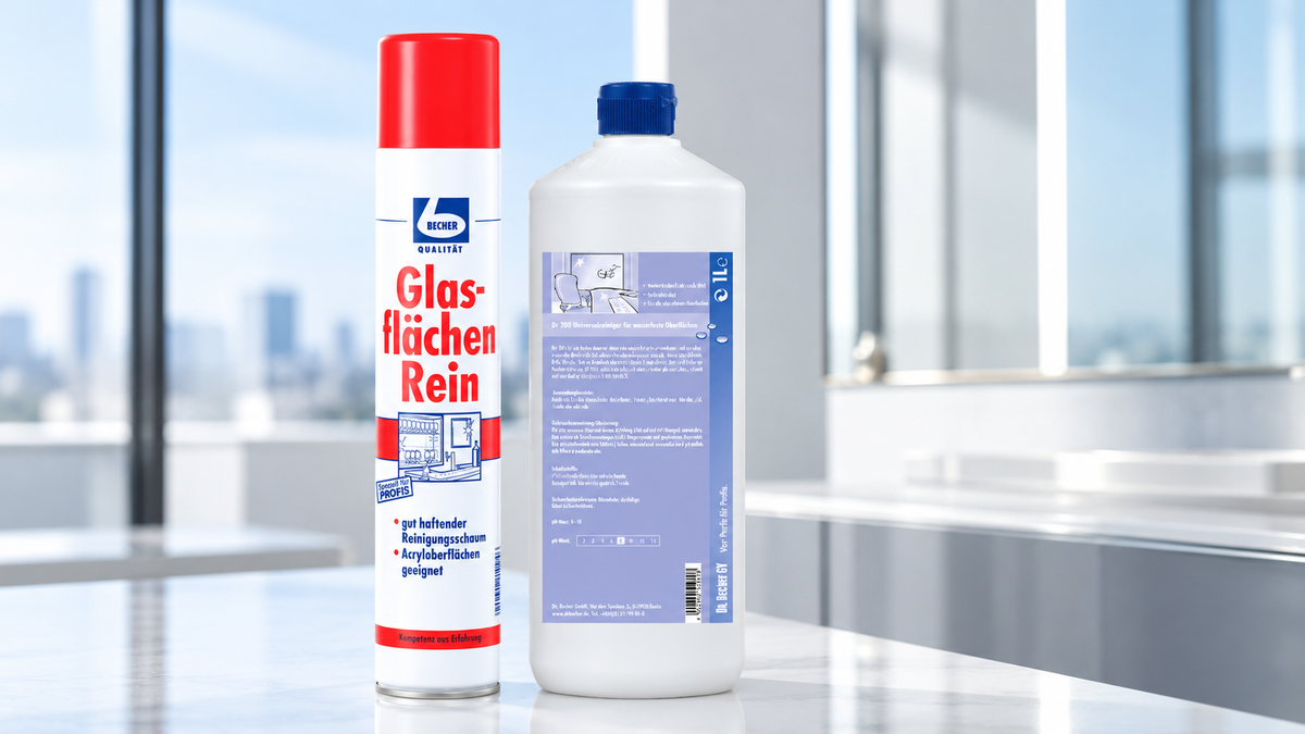 Dr. Becher Glasflächen Rein und Oberflächenreiniger vor einer großen Fensterfront