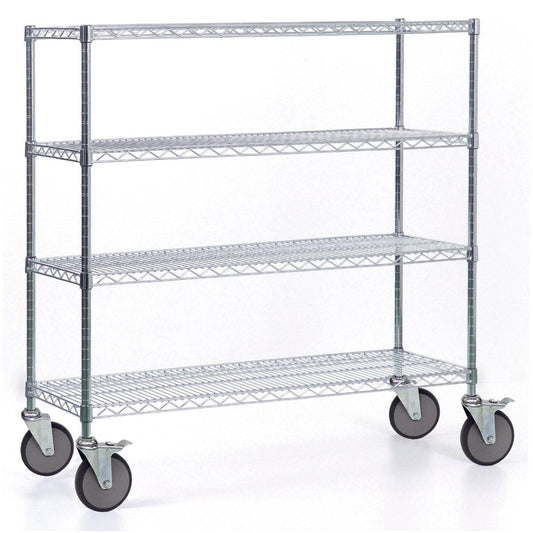Der Novocal Regalwagen aus Präzisionsstahl, vernickelt und hochglanzverchromt, mit 4 Eckpfosten und großen Rollen (2 mit Feststeller), ist auf dem Bild leer vor weißem Hintergrund zu sehen. Packung: 1 Stück.