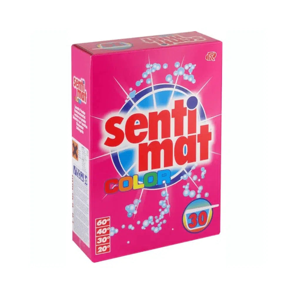 A pink box Rösch Sentimat Color Color Detergent from Rösch Germany GmbH features a blue-white design adorned with molecular graphics. It emphasizes its stain removal properties and is suitable for washing at 60, 40, 30, and 20 degrees, with the number 30 prominently displayed in a circle.