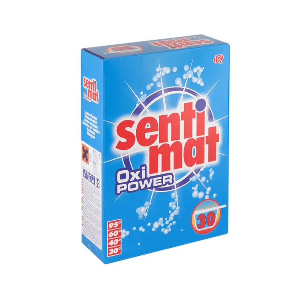 A blue package of Rösch Sentimat Oxi Power Universal Detergent from Rösch Germany GmbH features a white-red text on the front. It shows temperature settings of 95, 60, 40, and 30 degrees, as well as a circular bubble design indicating effective stain removal for all types of fabrics.