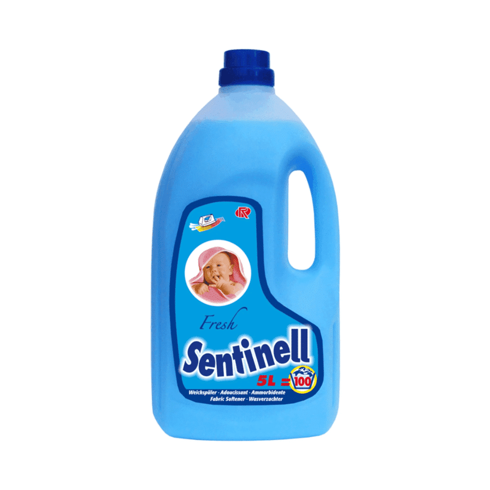 A 5-liter large bottle of the fabric softener Rösch Sentinell Fresh Fabric Softener from Rösch Germany GmbH is available in blue, features a label with a smiling baby, and advertises 100 washing cycles with a fresh scent. The design includes an ergonomic handle and is sealed with a blue cap for convenient use.