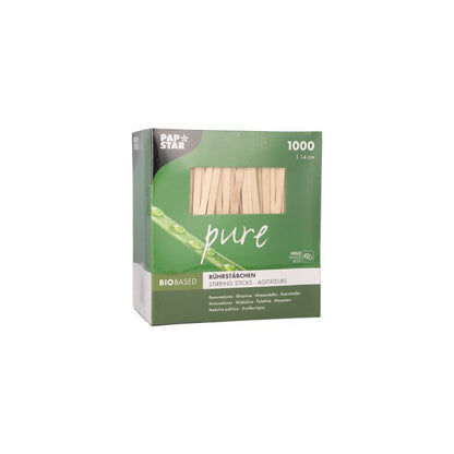 A box of PAPSTAR "pure" stirring sticks from PAPSTAR GmbH contains 1,000 stirring sticks with a length of 14 cm made of splinter-free birch wood, marked by a green design with the inscriptions "bio-based" and "100% natural".