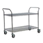 The Novocal multipurpose cart "Silverline" made of nickel-plated and high-gloss chrome-plated precision steel features two wire shelves, four swivel castors, and two handles. The empty utility cart is pictured against a white background.