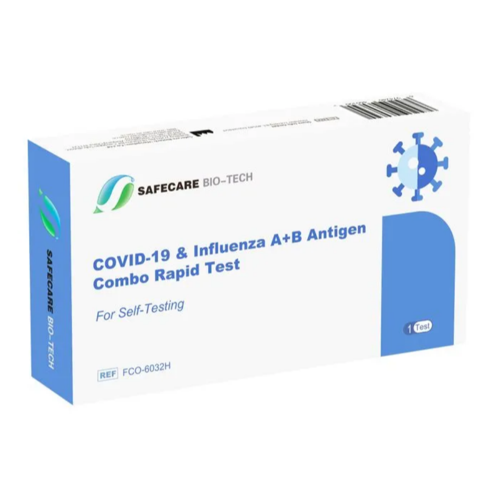 A white-blue box with the inscription “Safecare SAFECARE Covid19 & Influenza A+B Antigen Test with BfArM Approval | 1 Test”. The box is adorned with a virus symbol and bears the reference number FCO-6032H. It contains a test for quick and reliable Covid19 antigen test results.