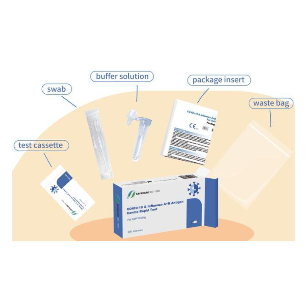 An image shows the components of a SAFECARE Covid19 & Influenza A+B Antigen Test with BfArM Approval | 1 Test (Safecare). The labeled items include a swab, a buffer solution, a test cassette, a package insert, and a waste bag. The main box is also visible in the foreground.