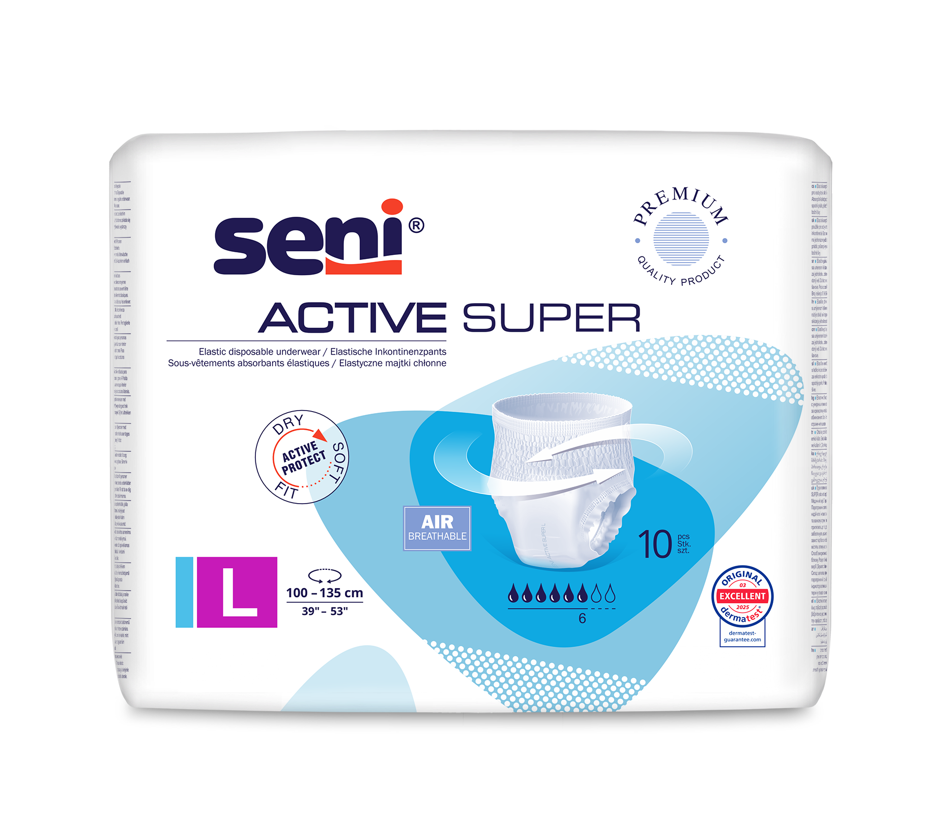 Eine Packung Seni Active Super Inkontinenzpants von TZMO Deutschland GmbH, Größe LL (100-135 cm), mit Produktabbildungen, "atmungsaktiv" und Symbolen für Flüssigkeitsaufnahme - perfekt für Menschen mit Blasenschwäche.