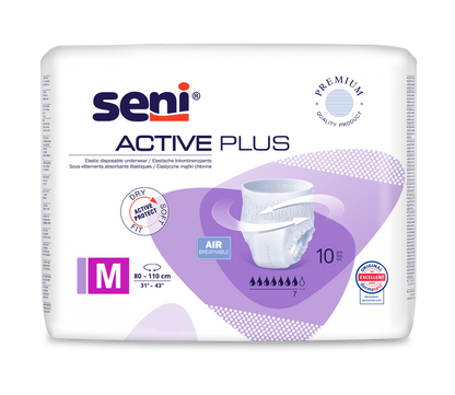 A pack of 10 Seni Active Plus incontinence pants from TZMO Deutschland GmbH, size M (80-110 cm waist). The white-purple pack shows a diaper image and indicates breathability plus high absorbency for bladder weakness.