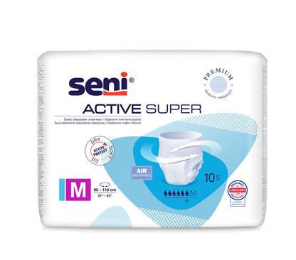 Seni Active Super incontinence pants from TZMO Deutschland GmbH, size M (80-110 cm), for bladder weakness. Breathable, with a moisture indicator and quality certificates. Each pack contains 10 pieces of disposable underwear.