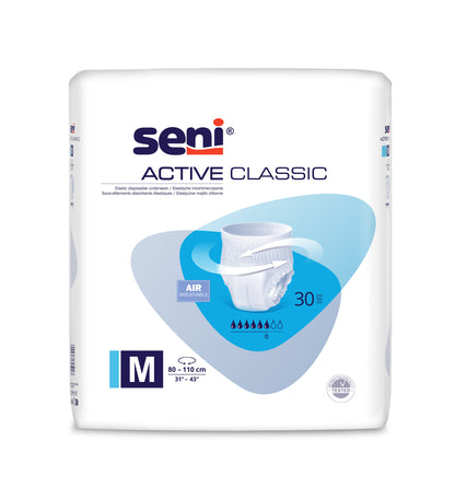 A pack of TZMO Deutschland GmbH Seni Active Classic Pants incontinence pants size M (80-110 cm), 30 pieces, breathable, six-drop absorbency symbol, depicted on a white background with product illustration.