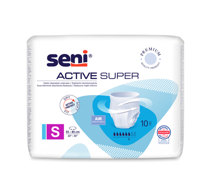 A 10-pack of Seni Active Super incontinence pants from TZMO Deutschland GmbH, size Small (55-85 cm), comes in mostly white packaging with blue accents and highlights the indicators for breathability and absorbency.