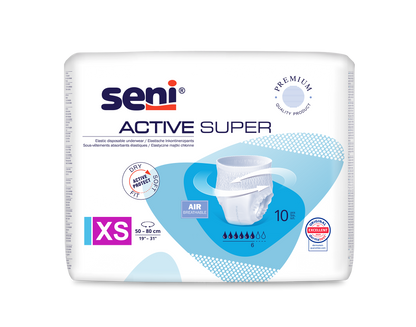 A pack of Seni Active Super incontinence pants from TZMO Deutschland GmbH, size XS for a waist circumference of 50-80 cm. For bladder weakness, characterized by breathability and dryness, and contains 10 pants in white-blue packaging.