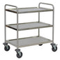 Der Novocal Mehrzweckwagen aus Edelstahl mit 3 Fachböden, 2 Schiebebügeln, 4 Leichtlaufrollen und 4 Stoßscheiben eignet sich ideal zum Transport in Büro, Küche oder Krankenhaus. Packung: 1 Stück.