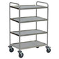 The Novocal stainless steel multi-purpose trolley features 4 shelves, 2 push handles, and 4 bumpers. With easy-running wheels, this transport trolley is ideal for versatile use and ensures easy and safe transport.