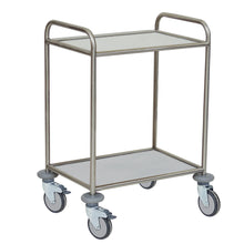 Der Novocal Mehrzweckwagen verfügt über einen Edelstahlrahmen, zwei solide Kernböden, die wasser-, hitze- und desinfektionsmittelbeständig sind, sowie vier Lenkrollen und zwei Griffe - ideal für den effizienten Transport von Gegenständen.