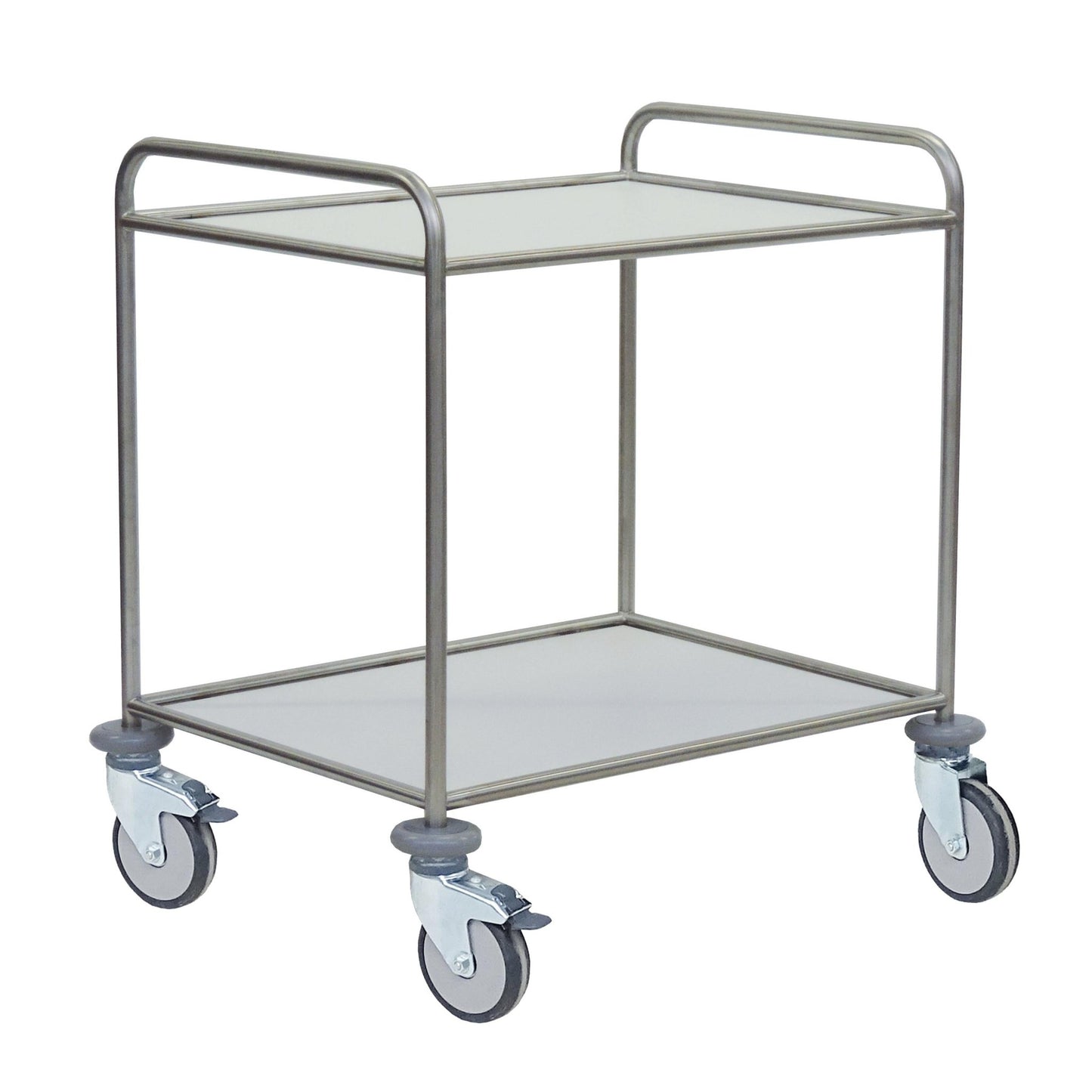 The Novocal multi-purpose cart features a stainless steel frame, two solid shelves, and four swivel casters; it is resistant to water, heat, and disinfectants. Pictured with open sides on a white background.