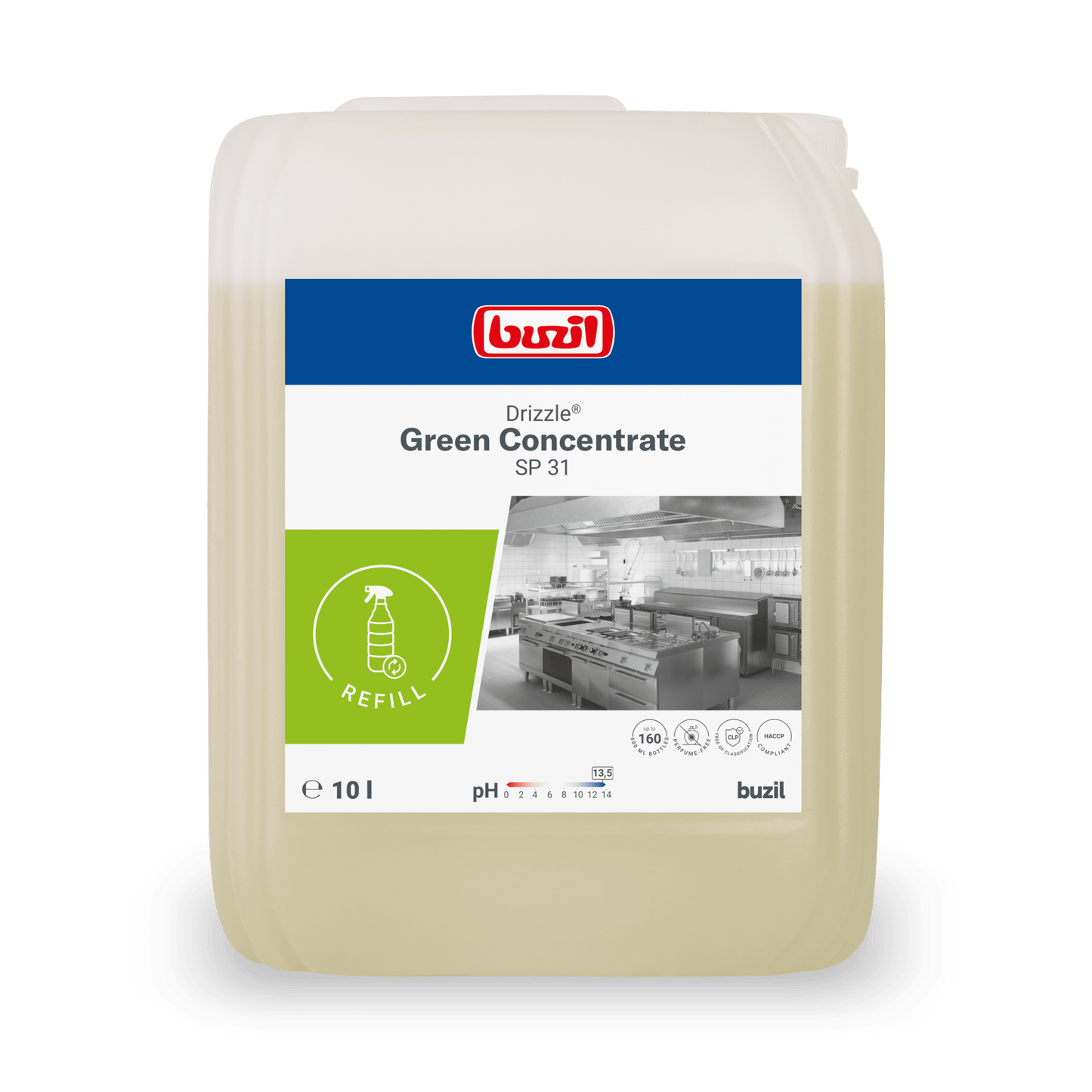 A 10-liter canister of BUZIL-WERK Drizzle® Green Concentrate oil and grease remover colorless-light yellow, with a label containing product information, a refill symbol, and a monochrome large kitchen image.