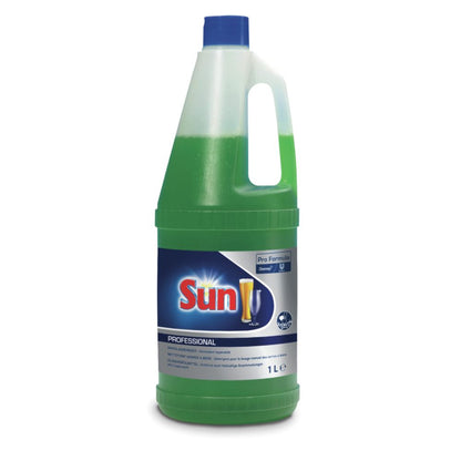 A 1-liter bottle of SUN Professional beer glass cleaner dishwashing liquid from Diversey Deutschland GmbH & Co. OHG features an odorless green liquid, a blue cap, and a blue handle, and presents the brand alongside the image of a glass cleaner.