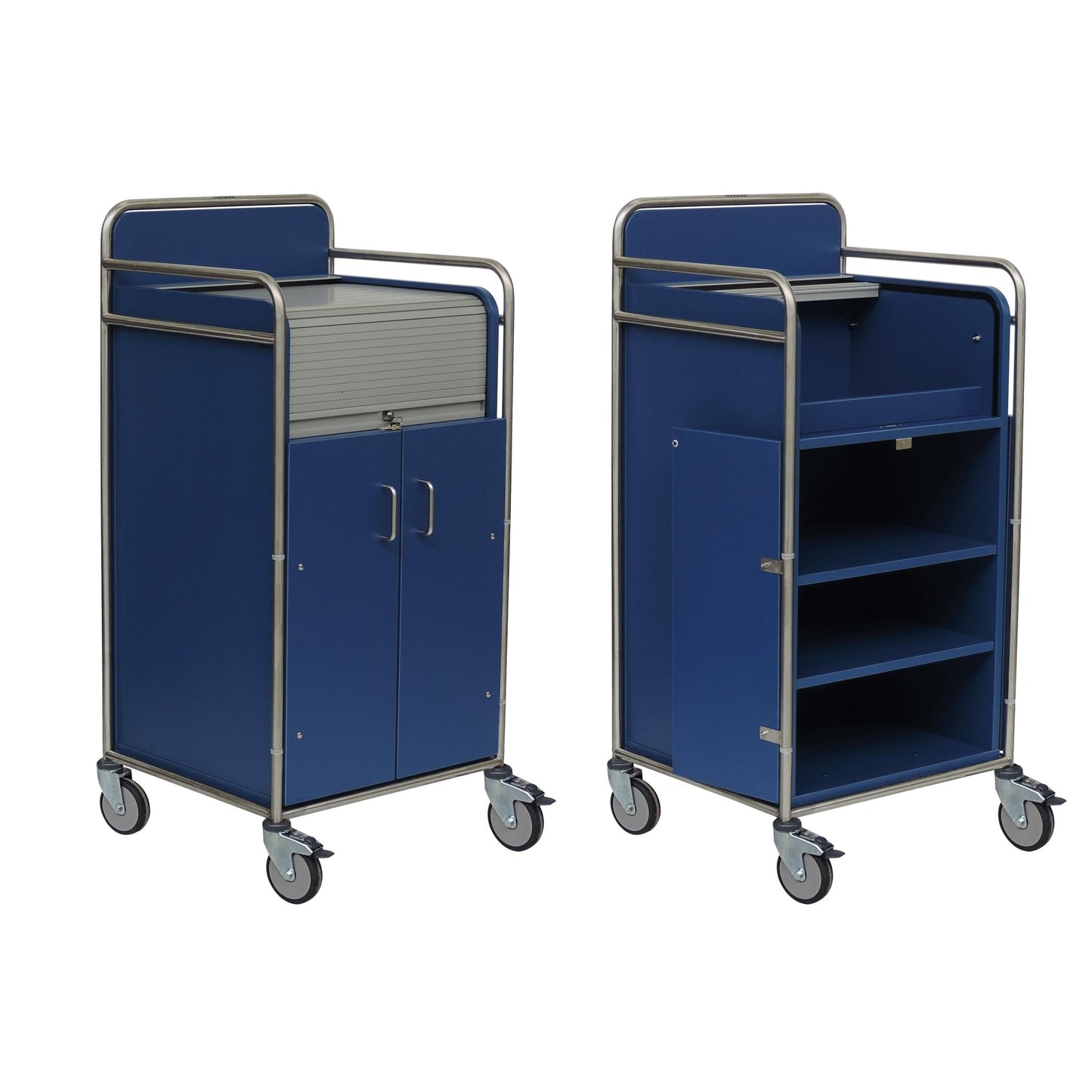 Two Novocal station trolleys: one with closed doors and a roll-top compartment, the other with open compartments. Both have welded stainless steel frames, handles, and four swivel casters.