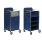 Two Novocal station trolleys: one with closed doors and a roll-top compartment, the other with open compartments. Both have welded stainless steel frames, handles, and four swivel casters.