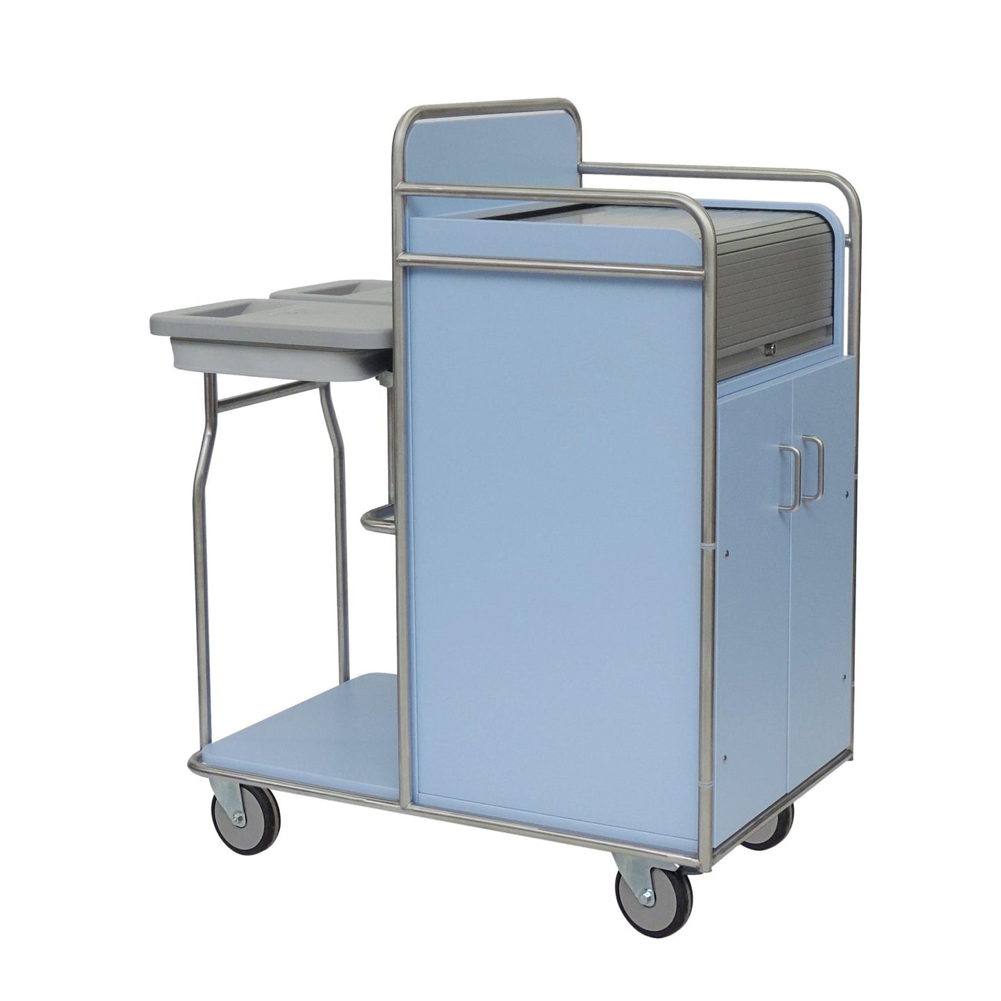 The Novocal station trolley with a fully welded stainless steel frame features two lower cabinet doors, a pull-out shelf, and four swivel casters - perfect for hospitals and care facilities.