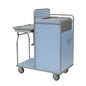 The Novocal station trolley with a fully welded stainless steel frame features two lower cabinet doors, a pull-out shelf, and four swivel casters - perfect for hospitals and care facilities.