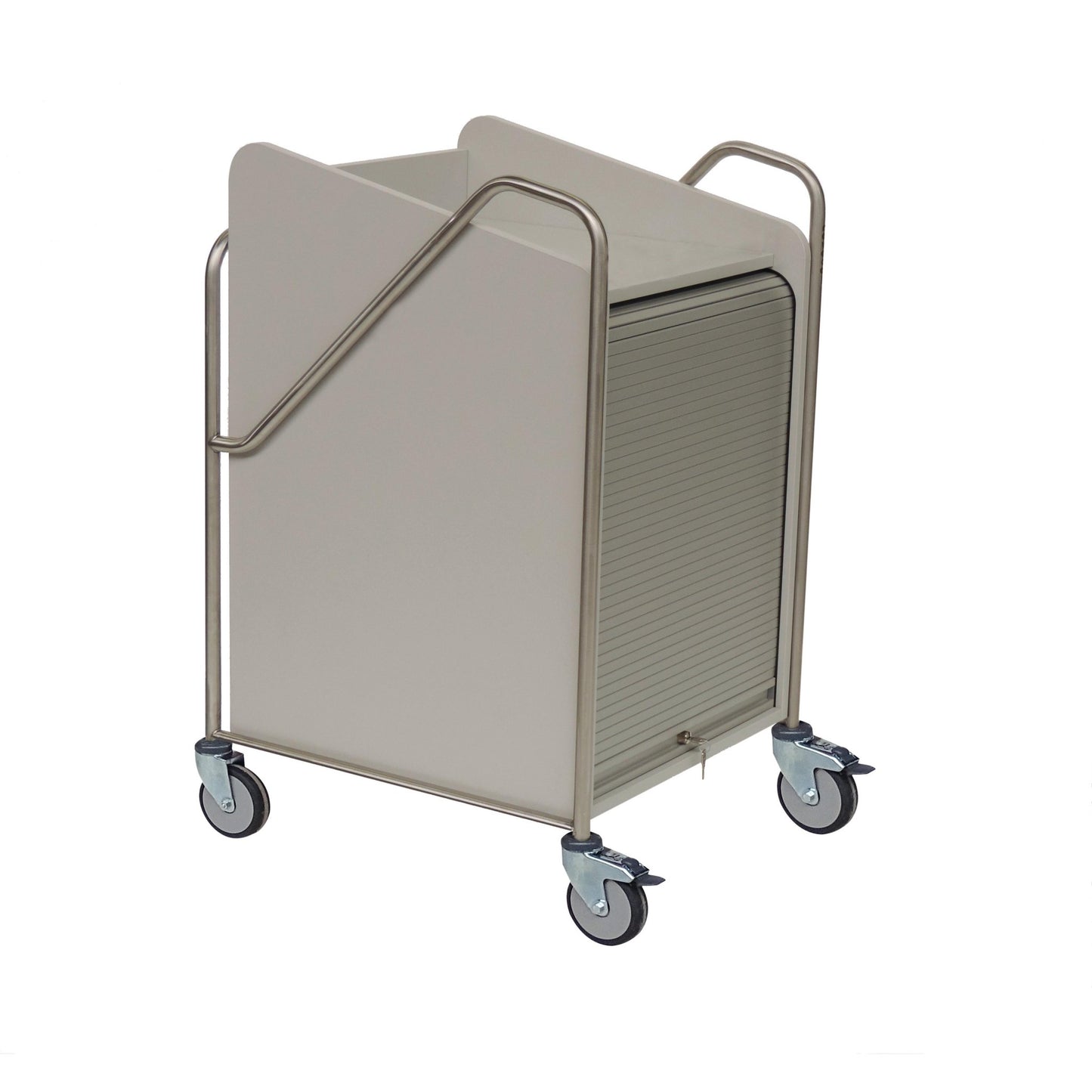 The Novocal station cart features a fully welded stainless steel frame, four swivel casters, and a roll-up door for convenient storage or transport in medical facilities. Package: 1 piece.