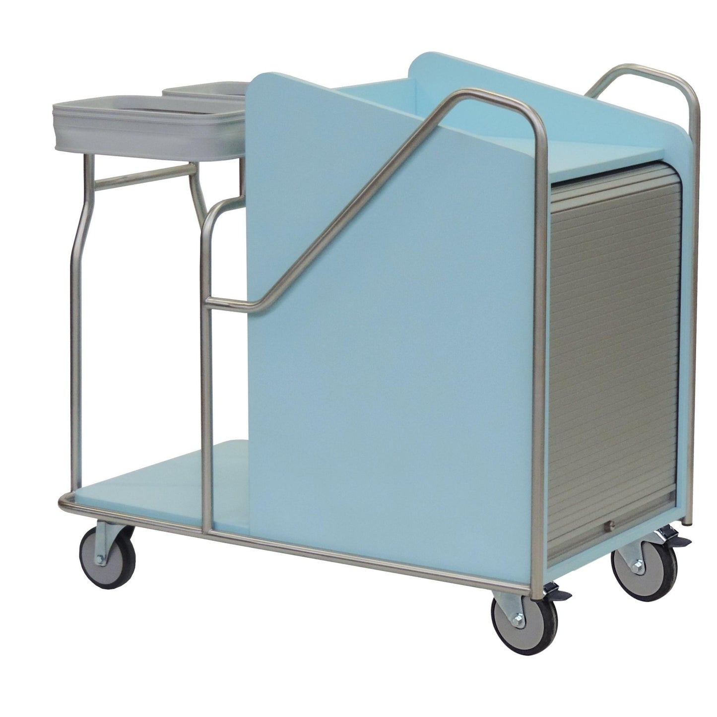 A Novocal station wagon with a frame made of stainless steel, fully welded pipe connections, four wheels, a side wall, two gray containers on the top, and a fold-down front compartment for transport materials.