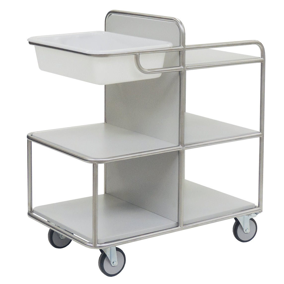 The Novocal station cart features a stainless steel frame with fully welded tube connections, three flat shelves, and a large white plastic container on the top. Its silver and white design is ideal for medical facilities. Delivered as a single package.