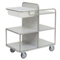 The Novocal station cart features a stainless steel frame with fully welded tube connections, three flat shelves, and a large white plastic container on the top. Its silver and white design is ideal for medical facilities. Delivered as a single package.
