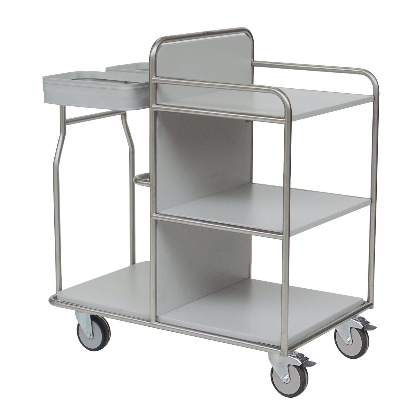 Der Novocal Stationswagen Rahmen aus Edelstahl mit rundum verschweißten Rohrverbindungen bietet drei Ablagen, vier Rollen, einen oberen Reling und ein Doppelfach-perfekt als vielseitiger Medizinwagen für geordnete Aufbewahrung und Mobilität.