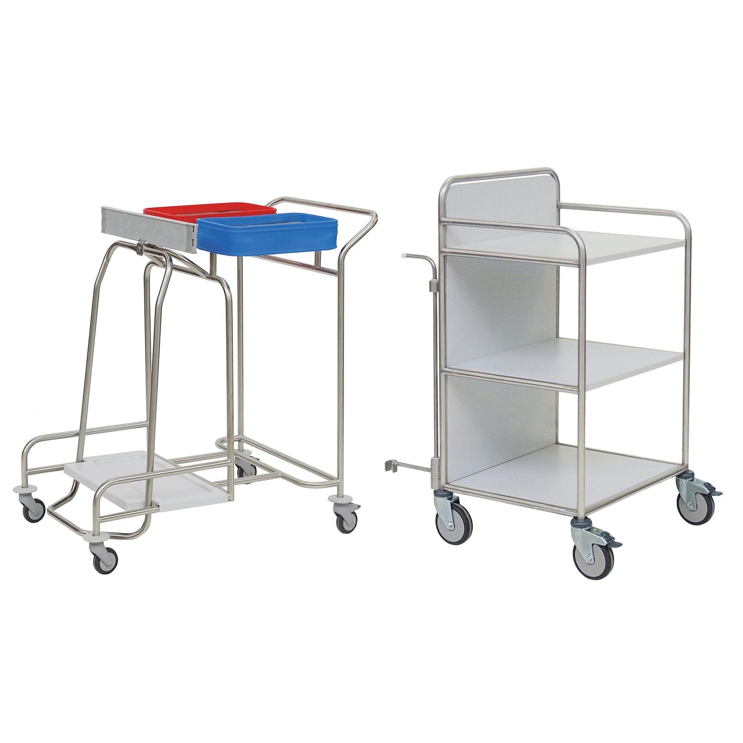 Two Novocal station trolleys with sturdy stainless steel frames: one has colored shelves and bag holders, the other offers three white shelves and a push handle. Both are ideal for medical facilities; all pipe connections are fully welded.