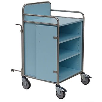 A Novocal station wagon made of stainless steel with all-around welded pipe connections and three open shelves stands on four swivel casters against a white background.