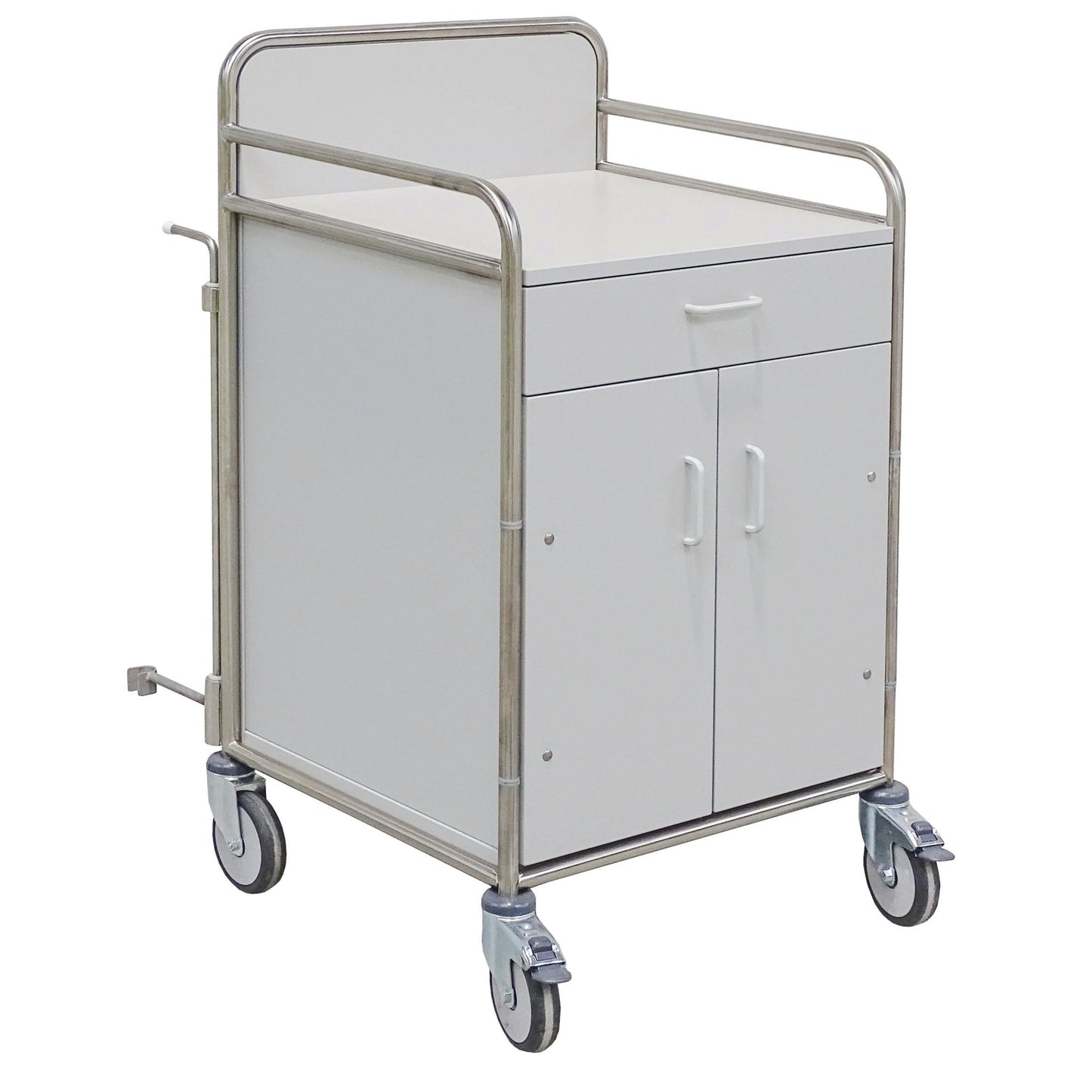 The Novocal station trolley made of stainless steel with all-around welded pipe connections, metal railings, drawer, double door cabinet, and four swivel casters is ideal for use in healthcare facilities.