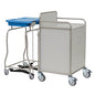 A Novocal station trolley made of stainless steel with all-around welded pipe connections, four castors, blue plastic container on a stand, double doors, and push handle - pictured against a white background.