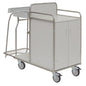 A white medical cart from Novocal with the station cart frame, made of stainless steel with fully welded tube connections. The equipment includes two doors, a raised top edge, a side shelf, and four heavy-duty swivel casters. 1 piece per package.