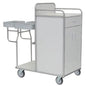 A Novocal station trolley made of stainless steel with fully welded tube connections, featuring two small shelves on the left side, a cabinet with hinged doors and an upper drawer, as well as four castors for easy mobility.
